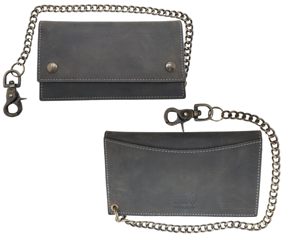 Updated Classic Distressed Brown or Black Long Style RFID Secure Tri-fold Chain Wallet. 2 cash slots, Extra backside pocket, 3-4 card slots, zippered pocket for all your important stash. Will darken with a nice patina with use. It's imported but it's Buckle and Hide approved. Standard long size. Size is 6 3/4" x 3 3/4" when snapped closed. Available at our Smyrna, TN shop.