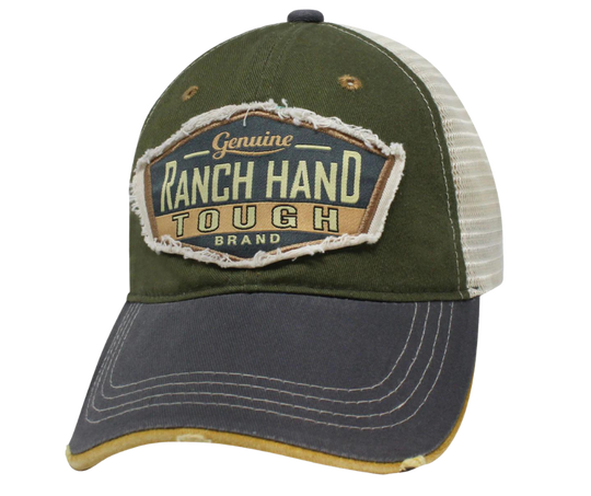 Show your Ranchin roots with this Embroidered Distressed Trucker Cap! The Forest Green twill front and beige mesh back feature  graphic Ranch Hand Tough with a grey stitched bill, plus an adjustable snap strap to perfectly fit any size head. Take a short trip outside Nashville to our Smyrna, TN shop and get yours now!