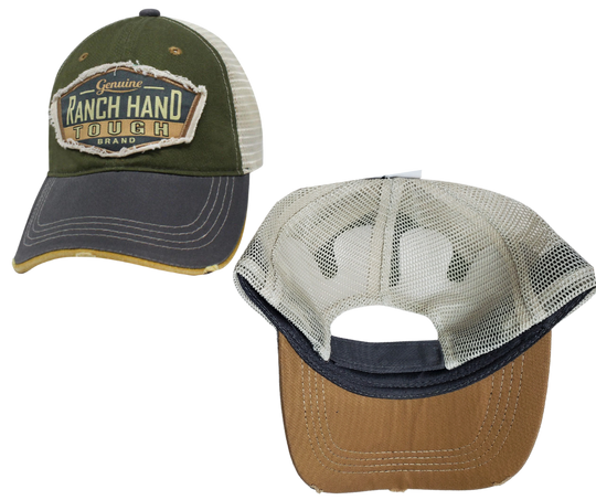 Show your Ranchin roots with this Embroidered Distressed Trucker Cap! The Forest Green twill front and beige mesh back feature  graphic Ranch Hand Tough with a grey stitched bill, plus an adjustable snap strap to perfectly fit any size head. Take a short trip outside Nashville to our Smyrna, TN shop and get yours now!  COLOR: GREEN/BEIGE/GREY