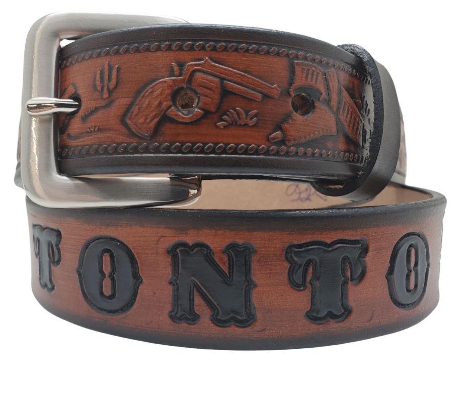 Our Lil Ranger Kids Name Belt is a Full grain American vegetable tanned cowhide approx. 1/8"thick. Width is 1 1/4" and includes Antique Nickle plated Solid Brass buckle. Choose from 4 Hand Finishes with smooth burnished painted edges. Made in our Smyrna, TN, USA shop. Buckle snaps in place for easy changing if desired.  Choose with or without name, if without name, design will cover entire length of belt For name Type name desired on belt in "& Type Name Here" section,& no more than 10 letters.