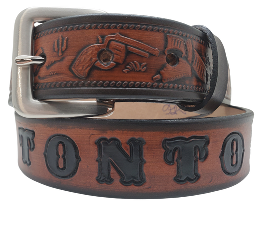 Our Lil Ranger Kids Name Belt is a Full grain American vegetable tanned cowhide approx. 1/8"thick. Width is 1 1/4" and includes Antique Nickle plated Solid Brass buckle. Choose from 4 Hand Finishes with smooth burnished painted edges. Made in our Smyrna, TN, USA shop. Buckle snaps in place for easy changing if desired.  Choose with or without name, if without name, design will cover entire length of belt For name Type name desired on belt in "& Type Name Here" section,& no more than 10 letters.