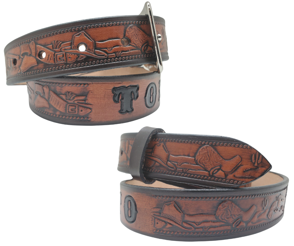 Our Lil Ranger Kids Name Belt is a Full grain American vegetable tanned cowhide approx. 1/8"thick. Width is 1 1/4" and includes Antique Nickle plated Solid Brass buckle. Choose from 4 Hand Finishes with smooth burnished painted edges. Made in our Smyrna, TN, USA shop. Buckle snaps in place for easy changing if desired.  Choose with or without name, if without name, design will cover entire length of belt For name Type name desired on belt in "& Type Name Here" section,& no more than 10 letters.