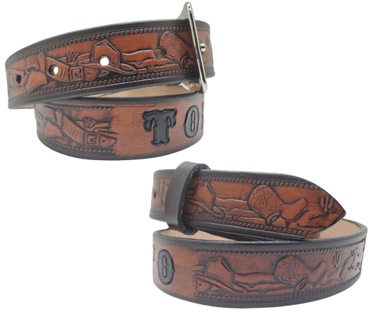 Our Lil Ranger Kids Name Belt is a Full grain American vegetable tanned cowhide approx. 1/8"thick. Width is 1 1/4" and includes Antique Nickle plated Solid Brass buckle. Choose from 4 Hand Finishes with smooth burnished painted edges. Made in our Smyrna, TN, USA shop. Buckle snaps in place for easy changing if desired.  Choose with or without name, if without name, design will cover entire length of belt For name Type name desired on belt in "& Type Name Here" section,& no more than 10 letters.