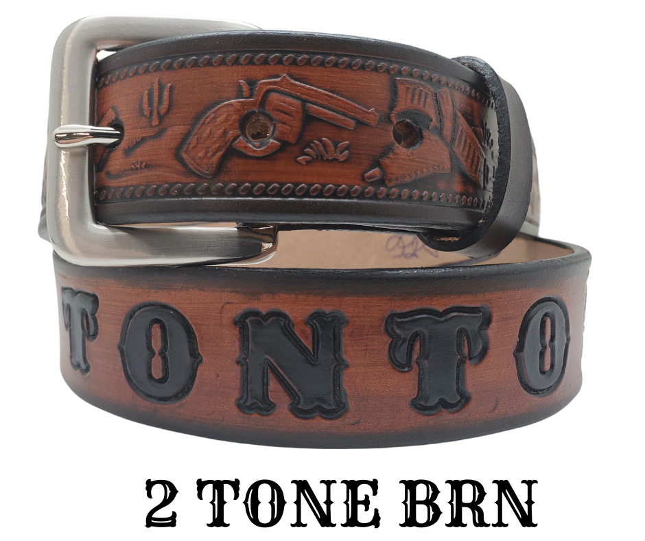 Our Lil Ranger Kids Name Belt is a Full grain American vegetable tanned cowhide approx. 1/8"thick. Width is 1 1/4" and includes Antique Nickle plated Solid Brass buckle. Choose from 4 Hand Finishes with smooth burnished painted edges. Made in our Smyrna, TN, USA shop. Buckle snaps in place for easy changing if desired.  Choose with or without name, if without name, design will cover entire length of belt For name Type name desired on belt in "& Type Name Here" section,& no more than 10 letters.