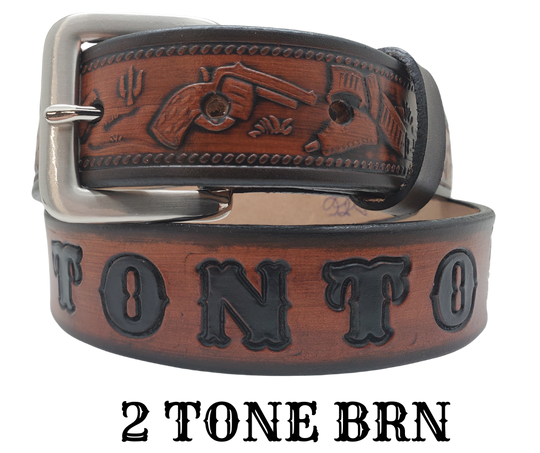 Our Lil Ranger Kids Name Belt is a Full grain American vegetable tanned cowhide approx. 1/8"thick. Width is 1 1/4" and includes Antique Nickle plated Solid Brass buckle. Choose from 4 Hand Finishes with smooth burnished painted edges. Made in our Smyrna, TN, USA shop. Buckle snaps in place for easy changing if desired.  Choose with or without name, if without name, design will cover entire length of belt For name Type name desired on belt in "& Type Name Here" section,& no more than 10 letters.