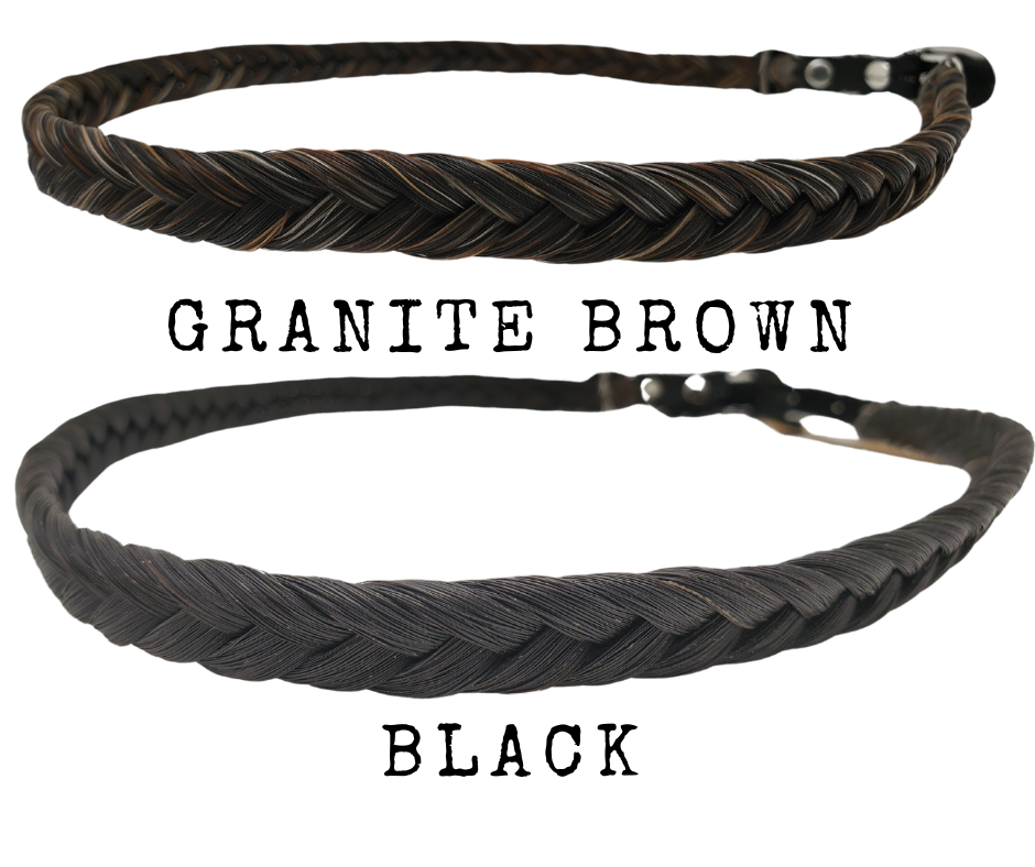 Enhance your hat with a simple and stylish touch by adding a braided Authentic Horse Hair hatband, 1/2 inch in width. Each hatband is completed with leather ends and a 3 piece style buckle for easy adjustment, fitting most hats. It is perfect for a variety of hat styles and western crowns. Find it at our Smyrna, TN shop, where each piece is handcrafted in Montana using horsehair sourced primarily from Argentina, Mongolia, and Canada.