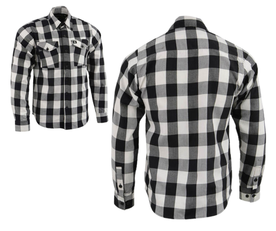 This 100% cotton Black and White flannel shirt exudes classic style. It features a button down collar, two front flap pockets, and a vintage plaid pattern. Perfect for hiking, outdoor work, or riding horses or motorcycles. Never going out of style, and always available in our Smyrna, TN shop. Imported.  Details: Button down collars, Snaps, 2 Pockets, Yokes, Flannel Lining, 100% Cotton