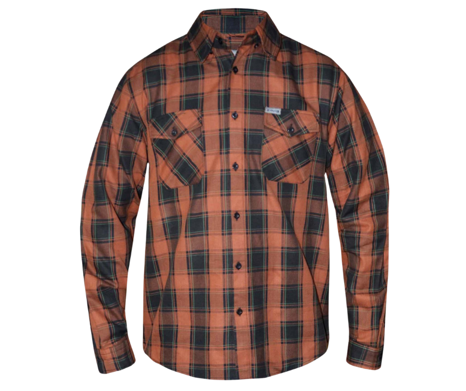 This 100% cotton Black and Rust flannel shirt exudes classic style. It features a button down collar, two front flap pockets, and a vintage plaid pattern. Perfect for hiking, outdoor work, or riding horses or motorcycles. Never going out of style, and always available in our Smyrna, TN shop. Imported.  Details: Button down collars, Snaps, 2 Pockets, Yokes, Flannel Lining, 100% Cotton