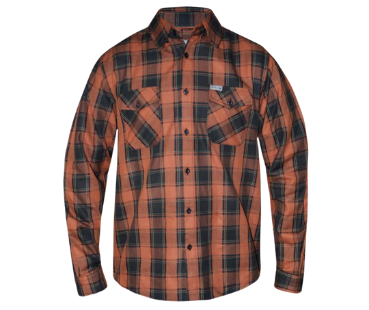 This 100% cotton Black and Rust flannel shirt exudes classic style. It features a button down collar, two front flap pockets, and a vintage plaid pattern. Perfect for hiking, outdoor work, or riding horses or motorcycles. Never going out of style, and always available in our Smyrna, TN shop. Imported.  Details: Button down collars, Snaps, 2 Pockets, Yokes, Flannel Lining, 100% Cotton