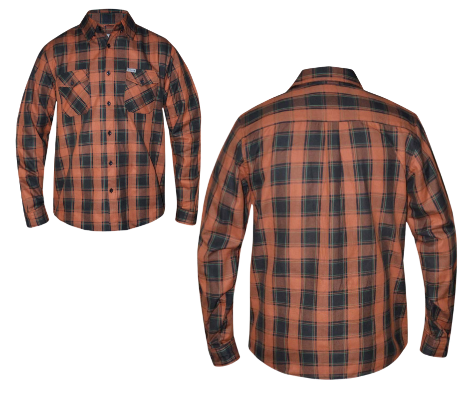 This 100% cotton Black and Rust flannel shirt exudes classic style. It features a button down collar, two front flap pockets, and a vintage plaid pattern. Perfect for hiking, outdoor work, or riding horses or motorcycles. Never going out of style, and always available in our Smyrna, TN shop. Imported.  Details: Button down collars, Snaps, 2 Pockets, Yokes, Flannel Lining, 100% Cotton