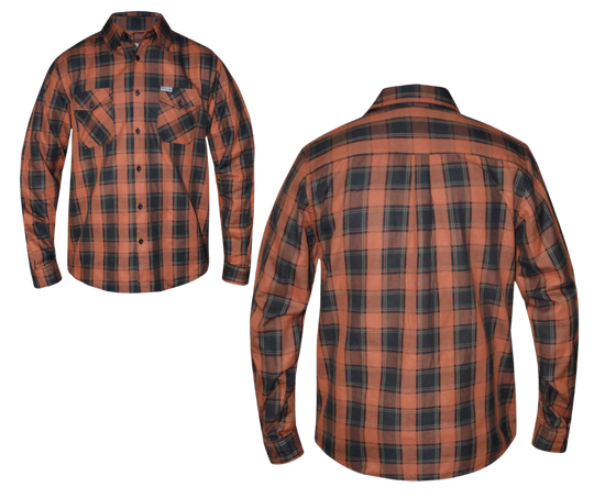 This 100% cotton Black and Rust flannel shirt exudes classic style. It features a button down collar, two front flap pockets, and a vintage plaid pattern. Perfect for hiking, outdoor work, or riding horses or motorcycles. Never going out of style, and always available in our Smyrna, TN shop. Imported.  Details: Button down collars, Snaps, 2 Pockets, Yokes, Flannel Lining, 100% Cotton