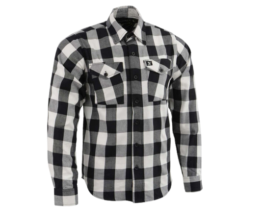 This 100% cotton Black and White flannel shirt exudes classic style. It features a button down collar, two front flap pockets, and a vintage plaid pattern. Perfect for hiking, outdoor work, or riding horses or motorcycles. Never going out of style, and always available in our Smyrna, TN shop. Imported.  Details: Button down collars, Snaps, 2 Pockets, Yokes, Flannel Lining, 100% Cotton