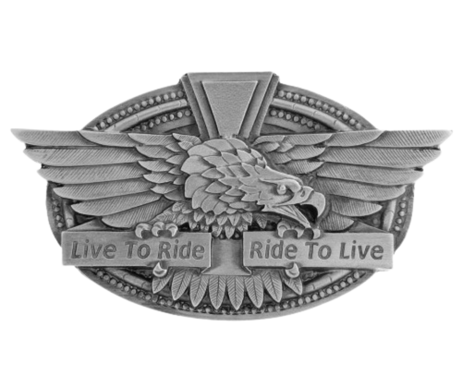 Ride to Live Belt Buckle: The perfect accessory for passionate motorcyclists. Made with top-quality pewter and designed to fit 1 1/2" belts, it proudly displays the words "Live to Ride Ride to Live." Available at our shop in Smyrna, TN, just a short drive from Nashville. Experience the thrill of motorcycling for over 100 years with this timeless piece. 2" tall x 3 1/2" wide.