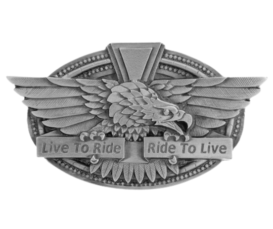 Ride to Live Belt Buckle: The perfect accessory for passionate motorcyclists. Made with top-quality pewter and designed to fit 1 1/2" belts, it proudly displays the words "Live to Ride Ride to Live." Available at our shop in Smyrna, TN, just a short drive from Nashville. Experience the thrill of motorcycling for over 100 years with this timeless piece. 2" tall x 3 1/2" wide.