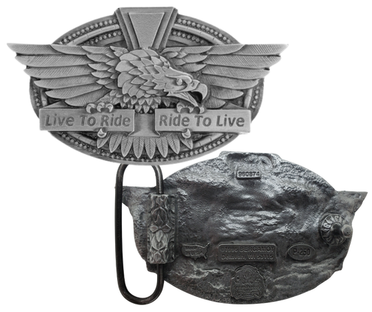 Ride to Live Belt Buckle: The perfect accessory for passionate motorcyclists. Made with top-quality pewter and designed to fit 1 1/2" belts, it proudly displays the words "Live to Ride Ride to Live." Available at our shop in Smyrna, TN, just a short drive from Nashville. Experience the thrill of motorcycling for over 100 years with this timeless piece. 2" tall x 3 1/2" wide.