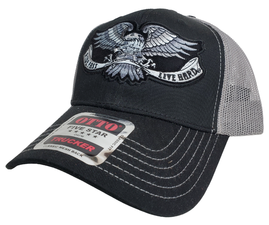 Rev up your life with this Ride Fast Live Hard Trucker Cap! The black twill front and gray mesh back feature contrasting gray and white embroidered bold graphic of an eagle, plus an adjustable strap to perfectly fit any size head. Take a short trip outside Nashville to our Smyrna, TN shop and get yours now! COLOR: BLACK/GRAY