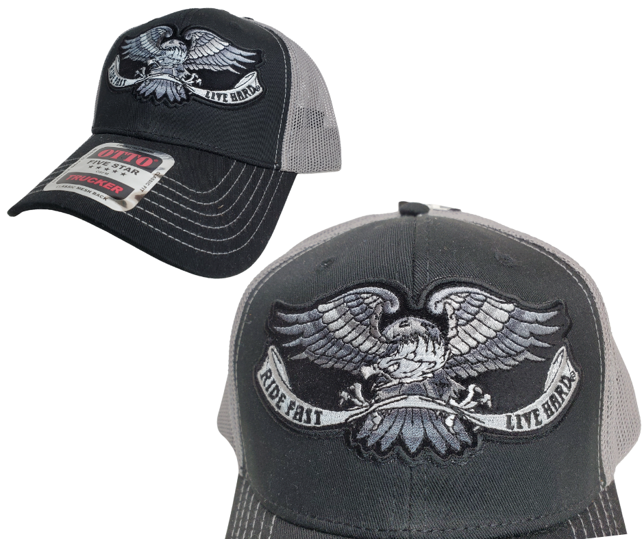 Rev up your life with this Ride Fast Live Hard Trucker Cap! The black twill front and gray mesh back feature contrasting gray and white embroidered bold graphic of an eagle, plus an adjustable strap to perfectly fit any size head. Take a short trip outside Nashville to our Smyrna, TN shop and get yours now! COLOR: BLACK/GRAY