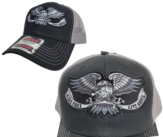 Rev up your life with this Ride Fast Live Hard Trucker Cap! The black twill front and gray mesh back feature contrasting gray and white embroidered bold graphic of an eagle, plus an adjustable strap to perfectly fit any size head. Take a short trip outside Nashville to our Smyrna, TN shop and get yours now! COLOR: BLACK/GRAY