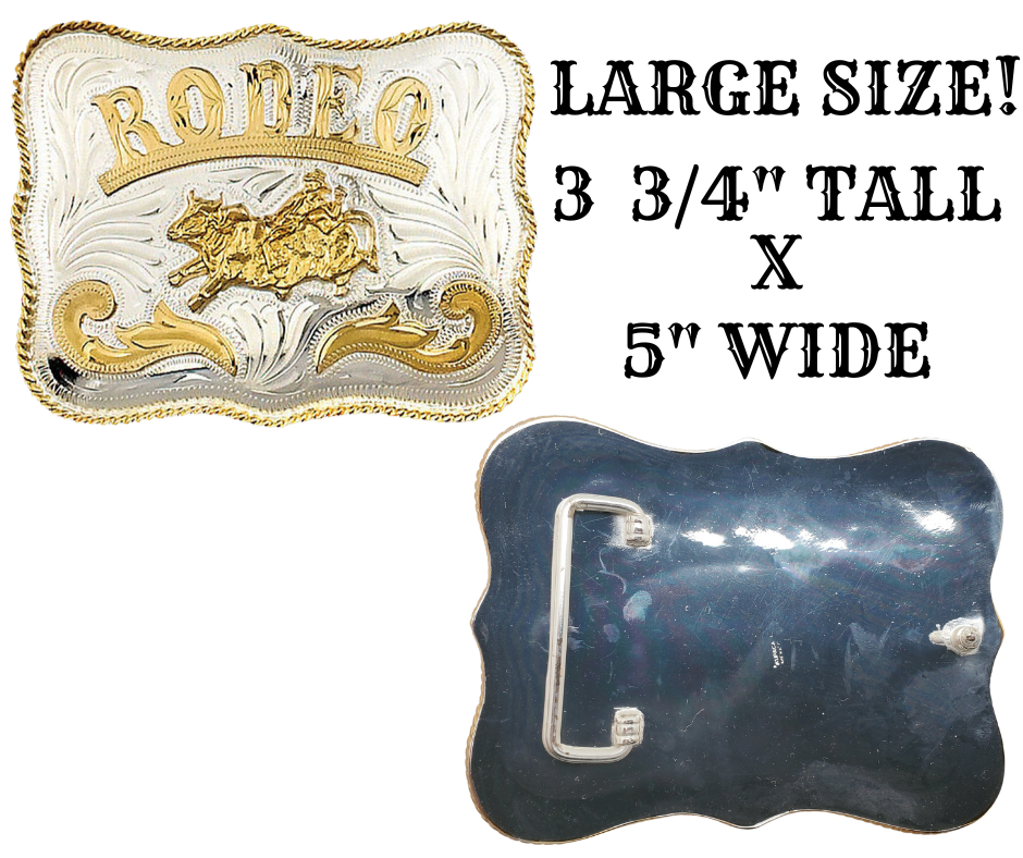 The "BIG RODEO" Belt Buckle celebrates the spirited tradition of rodeos, which originated from the Spanish ranchos. During the annual roundup and branding of cattle, cowboys would showcase their horsemanship and roping skills, giving birth to the rodeo as we know it today. <span data-mce-fragment="1"></span>Fits 1 1/2" belts, approx. 3-3/4" tall&nbsp; x 5" wide. Available in our shop just outside Nashville in Smyrna, TN.