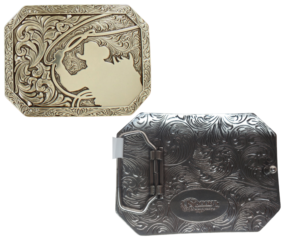 The Roper is a western-style rectangle, bedecked with an oozin' scroll design. It draws the eye with an Antique silver hue, measuring approximately 2 3/4" tall x 3 3/4" wide and fits 1 1/2" belts. Get it in Smyrna, TN (just outside Nashville) or shop online! Imported 