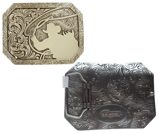 The Roper is a western-style rectangle, bedecked with an oozin' scroll design. It draws the eye with an Antique silver hue, measuring approximately 2 3/4" tall x 3 3/4" wide and fits 1 1/2" belts. Get it in Smyrna, TN (just outside Nashville) or shop online! Imported 