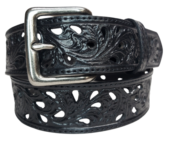 Add a touch of Western flair to your wardrobe with the Rose Filigree Belt. Its intricate cut-out design and black stitching make it truly one-of-a-kind. Stop by our Smyrna, TN store near Nashville to get yours today.  