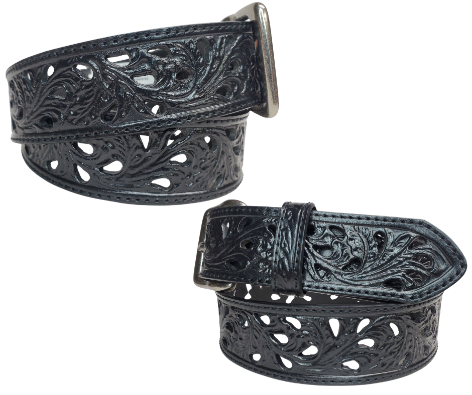 Add a touch of Western flair to your wardrobe with the Rose Filigree Belt. Its intricate cut-out design and black stitching make it truly one-of-a-kind. Stop by our Smyrna, TN store near Nashville to get yours today.  