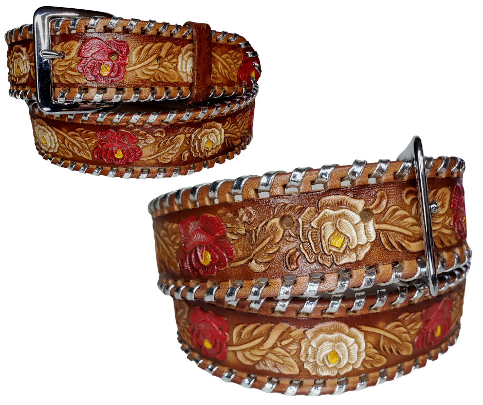 The Roses and Lace leather belt is a classic Vintage Throwback Style Western belt. Complete with silver Buck Lacing around the edge, embossed Red and White Roses design on a brown background. Full grain vegetable tanned cowhide, Includes Nickle plated buckle. Buckle snaps in place for easy changing if desired. In stock at our Smyrna, TN shop. 