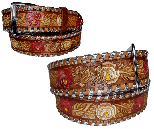 The Roses and Lace leather belt is a classic Vintage Throwback Style Western belt. Complete with silver Buck Lacing around the edge, embossed Red and White Roses design on a brown background. Full grain vegetable tanned cowhide, Includes Nickle plated buckle. Buckle snaps in place for easy changing if desired. In stock at our Smyrna, TN shop. 