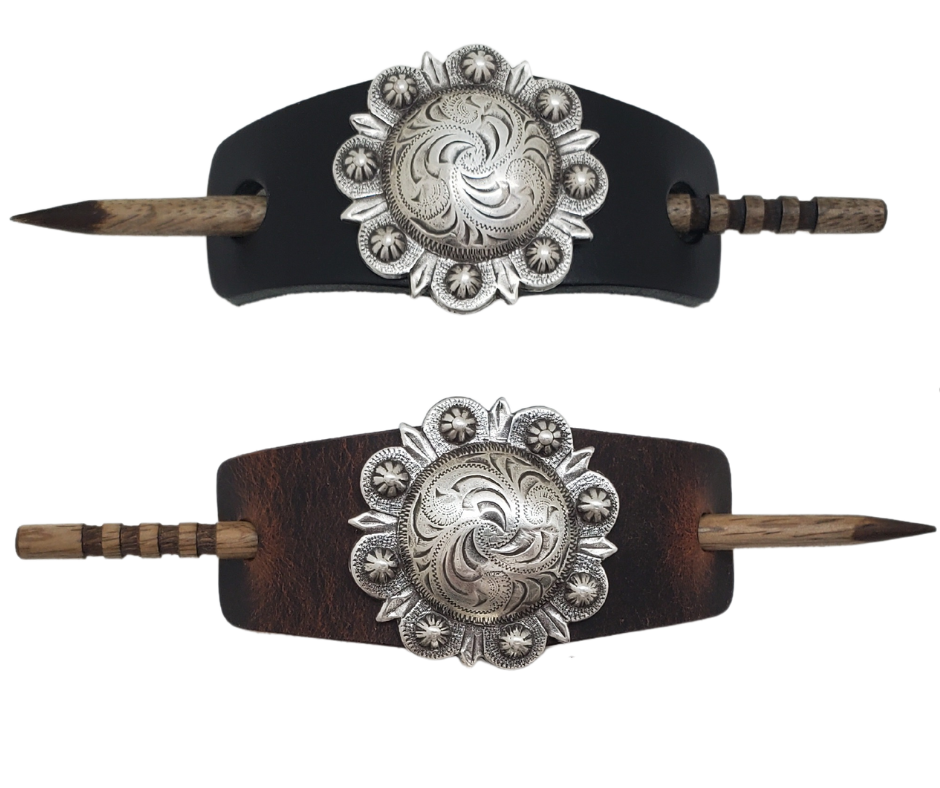 Take your hair barrettes to the next level with our Antique Silver finish Conchos, available in Black or Desert Brown Leather of your choice. Each one comes with an ornate wooden stick to keep your long locks in place. These are proudly made in our Smyrna, TN shop, just a short drive from the famous downtown Nashville.