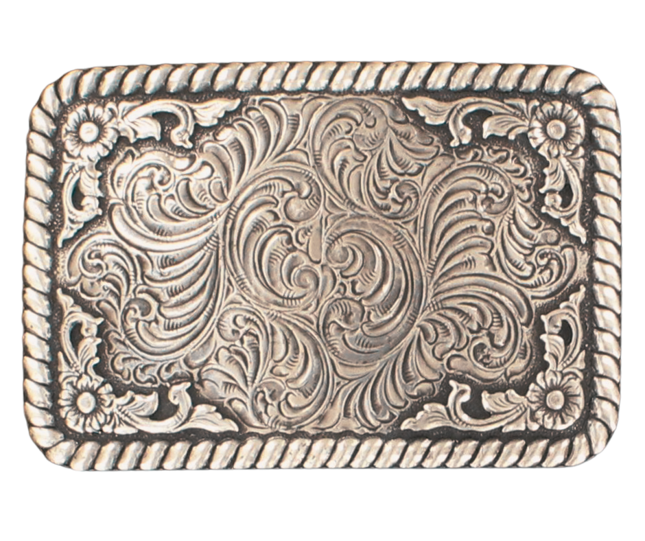 This rectangular shaped buckle by Nocona has rounded edges with rope design around the border. It is chrome colored with scroll design etched appearance on surface.&nbsp; Measures 2 3/4" tall by 3 3/4" wide and fits belts up to 1 1/2" wide.&nbsp; It is available for purchase in our retail shop in Smyrna, TN, just outside Nashville and also on the online store. 