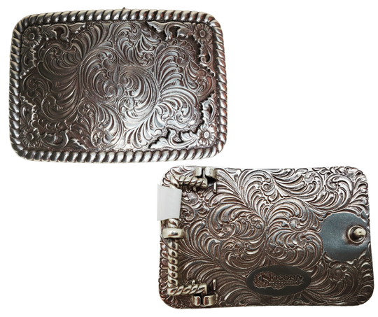 This rectangular shaped buckle by Nocona has rounded edges with rope design around the border. It is chrome colored with scroll design etched appearance on surface.&nbsp; Measures 2 3/4" tall by 3 3/4" wide and fits belts up to 1 1/2" wide.&nbsp; It is available for purchase in our retail shop in Smyrna, TN, just outside Nashville and also on the online store. 