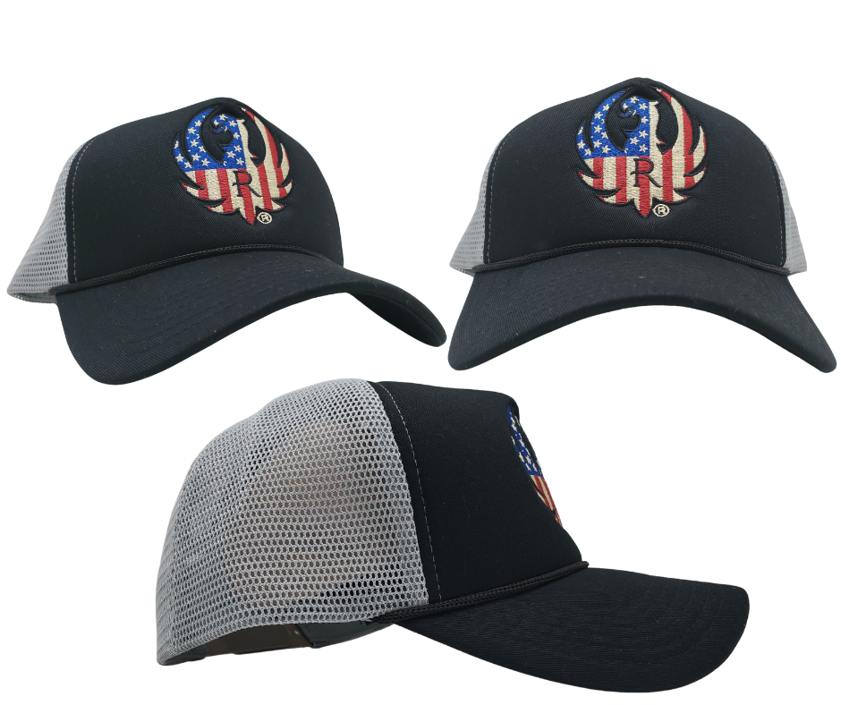 RUGER & Company was created in 1949 when William Ruger and Alexander Sturm took a risk and opened a small machine shop in Connecticut. Since then, we have grown to become a renowned brand. Show your adventurous spirit with our black and grey mesh cap featuring the iconic RUGER logo blended with the USA flag. Shop now at our Smyrna, TN store or online for the ultimate challenge and inspiration.