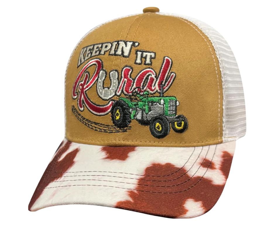 Show your Homestead roots with this Embroidered Trucker Cap! The Carhart brown twill front and white mesh back feature  graphic of an Tractor and a cowprint bill, plus an adjustable snap strap to perfectly fit any size head. Take a short trip outside Nashville to our Smyrna, TN shop and get yours now!  COLOR: BROWN/WHITE