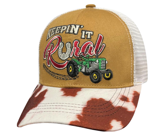 Show your Homestead roots with this Embroidered Trucker Cap! The Carhart brown twill front and white mesh back feature  graphic of an Tractor and a cowprint bill, plus an adjustable snap strap to perfectly fit any size head. Take a short trip outside Nashville to our Smyrna, TN shop and get yours now!  COLOR: BROWN/WHITE