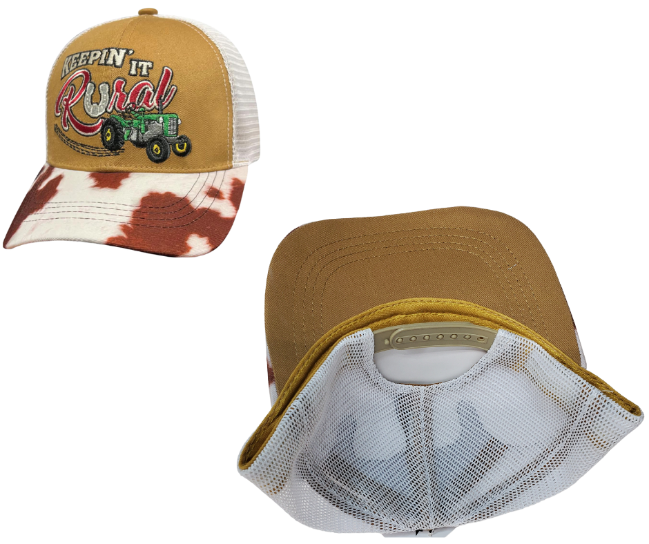 Show your Homestead roots with this Embroidered Trucker Cap! The Carhart brown twill front and white mesh back feature  graphic of an Tractor and a cowprint bill, plus an adjustable snap strap to perfectly fit any size head. Take a short trip outside Nashville to our Smyrna, TN shop and get yours now!  COLOR: BROWN/WHITE