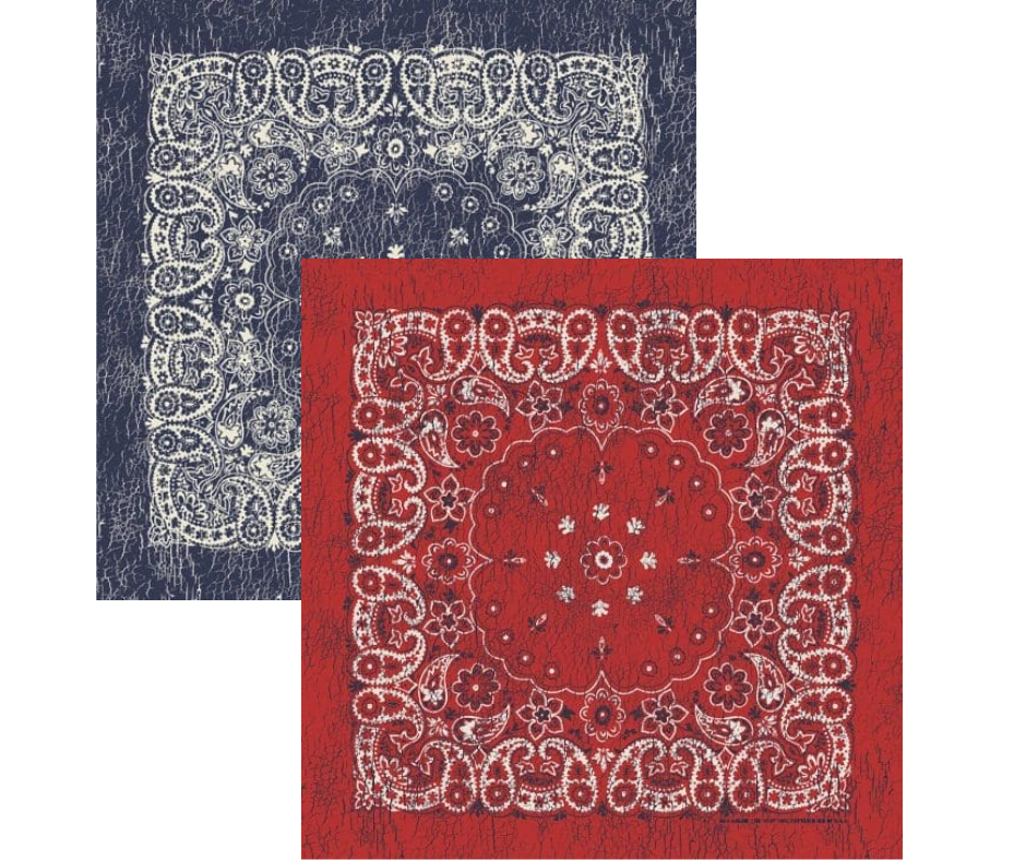 Rustic Paisleys are a updated look to the traditional bandana. Same pattern style just with a Distressed twist on the pattern. Imported (One Sided Print Only) in 22"x 22".&nbsp;Bandannas have been around for over 75 years and are still a staple in culture whether it's a farmer, a MC, or a Rock star.