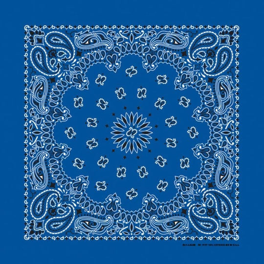 We stock traditional 100% Cotton for a soft and comfortable feel. Made in the USA and approx. 22" x 22", they feature a trademark Paisley design. Bandanas have been around for over 75 years and are still a staple in culture whether it's a farmer, MC, or a Rock star.