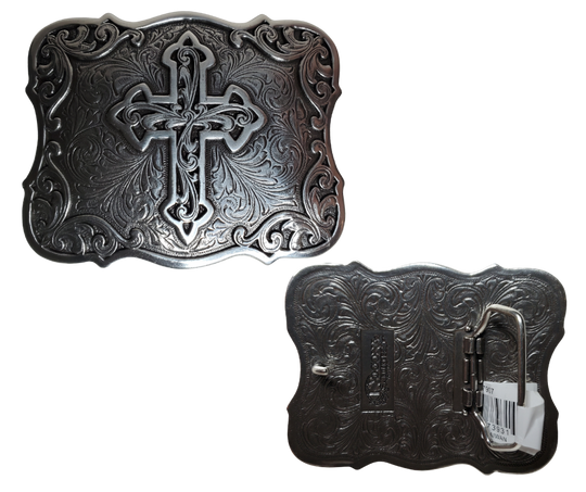 Adorn your wardrobe with an ornate Southwest influenced western-style scroll and Cross with an antique silver finish. It measures approx. 3" X 4" and will fit up to a 1 1/2" belt. It can be found both online and in our shop in Smyrna, TN, near Nashville.