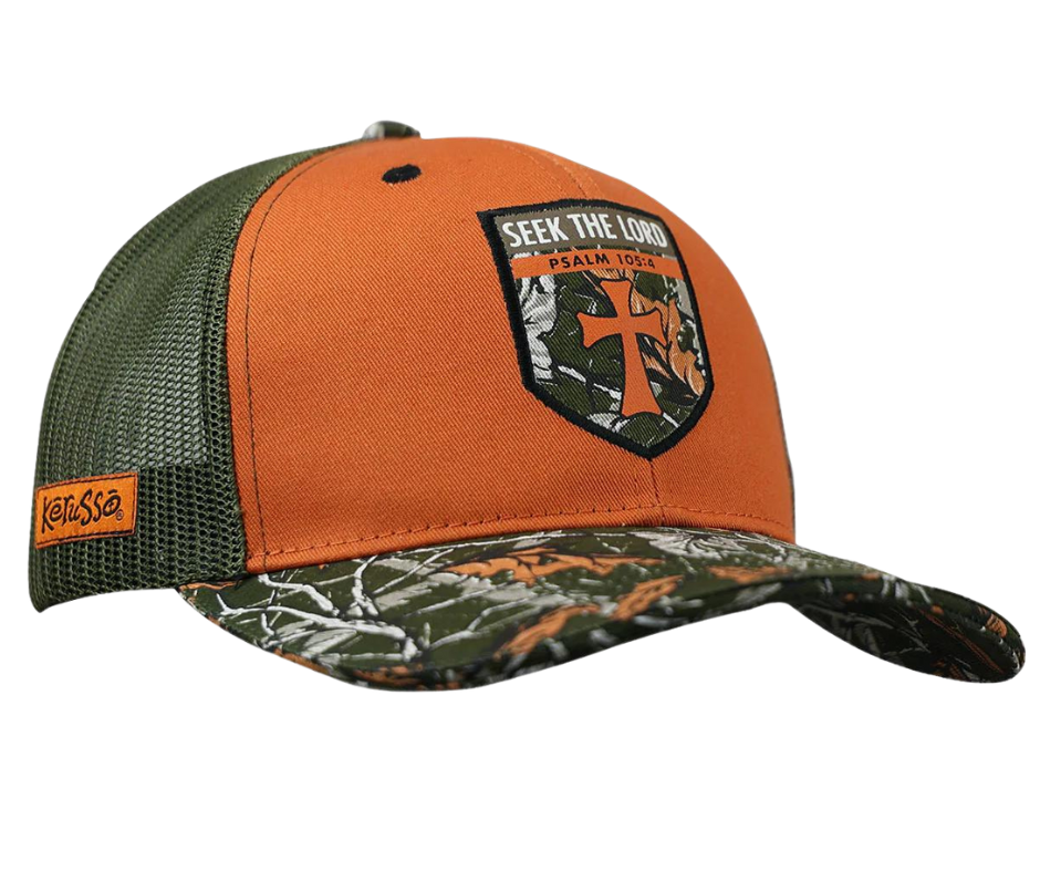 Seek out the Lord in this rugged in Camo/Orange. In every circumstance, and in the face of any challenge, seek knowledge, wisdom, and respite in your relationship with God as your first response. Seek yours at our Smyrna,TN shop a short drive from downtown Nashville.  Color: Orange/Camo Cotton Front/Mesh Back Mid-rise One Size Fits Most