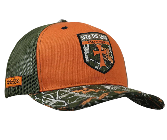 Seek out the Lord in this rugged in Camo/Orange. In every circumstance, and in the face of any challenge, seek knowledge, wisdom, and respite in your relationship with God as your first response. Seek yours at our Smyrna,TN shop a short drive from downtown Nashville.  Color: Orange/Camo Cotton Front/Mesh Back Mid-rise One Size Fits Most