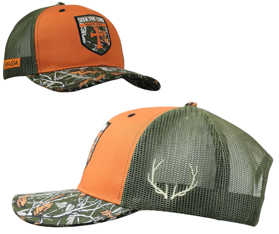 Seek out the Lord in this rugged in Camo/Orange. In every circumstance, and in the face of any challenge, seek knowledge, wisdom, and respite in your relationship with God as your first response. Seek yours at our Smyrna,TN shop a short drive from downtown Nashville.  Color: Orange/Camo Cotton Front/Mesh Back Mid-rise One Size Fits Most