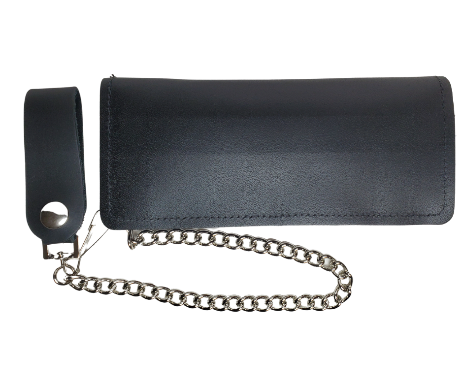 Classic Long Style Chain all leather Wallet with a licensed USMC stitched on leather patch.  2 Main Cash Slots for all your important stash and or receipts and your extra cards, 1 zipper pocket, 1 card slot on the top inside, 1 middle smaller slot. It's USA made and Buckle and Hide approved. A little over 7" in length. 2 snap closure. Complete with an 12" chrome plated chain including leather belt loop. In stock at our Smyrna TN shop a short drive from downtown Nashville.