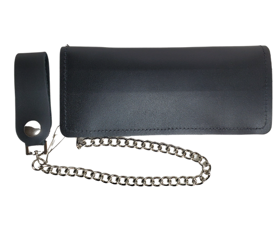 Classic Long Style Chain all leather Wallet with a licensed USMC stitched on leather patch.  2 Main Cash Slots for all your important stash and or receipts and your extra cards, 1 zipper pocket, 1 card slot on the top inside, 1 middle smaller slot. It's USA made and Buckle and Hide approved. A little over 7" in length. 2 snap closure. Complete with an 12" chrome plated chain including leather belt loop. In stock at our Smyrna TN shop a short drive from downtown Nashville.