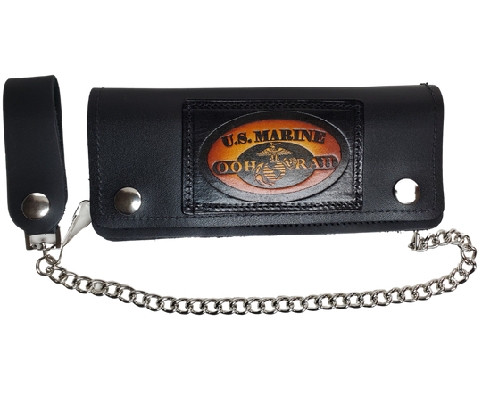 Classic Long Style Chain all leather Wallet with a licensed USMC stitched on leather patch.  2 Main Cash Slots for all your important stash and or receipts and your extra cards, 1 zipper pocket, 1 card slot on the top inside, 1 middle smaller slot. It's USA made and Buckle and Hide approved. A little over 7" in length. 2 snap closure. Complete with an 12" chrome plated chain including leather belt loop. In stock at our Smyrna TN shop a short drive from downtown Nashville.