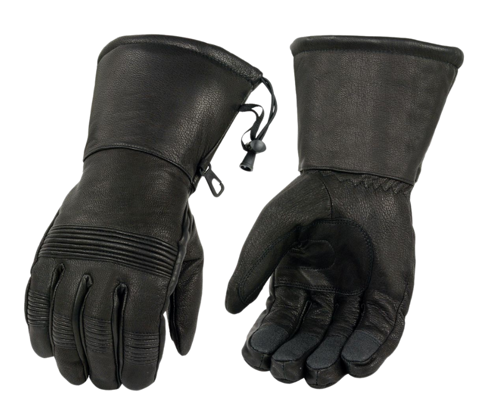 Leather Men's Black Leather Waterproof Gauntlet Gloves with Stretch Knuckles. Unisex sizing XS-5X. Made of Premium Aniline Cowhide Waterproof Leather, Liner Elasticized Knuckles, Draw String Closure and adjustable Wrist Strap. With Gauntlets you are able to have your jacket sleeves up into glove to keep cold air&nbsp; from going up your sleeves. Available in our shop in Smyrna, TN, just outside of Nashville