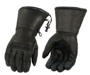 Leather Men's Black Leather Waterproof Gauntlet Gloves with Stretch Knuckles. Unisex sizing XS-5X. Made of Premium Aniline Cowhide Waterproof Leather, Liner Elasticized Knuckles, Draw String Closure and adjustable Wrist Strap. With Gauntlets you are able to have your jacket sleeves up into glove to keep cold air&nbsp; from going up your sleeves. Available in our shop in Smyrna, TN, just outside of Nashville