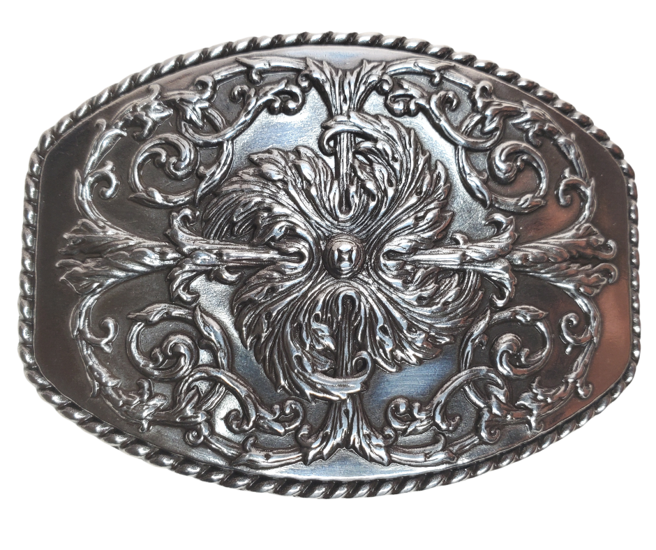 This stylish Antique Silver buckle features an Oval shape with a raised western scroll pattern. It is designed to fit 1 1/2" belts and measures approximately 2.5" x.3", Imported