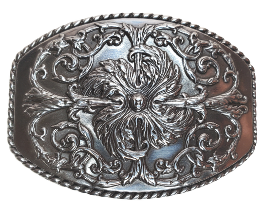 This stylish Antique Silver buckle features an Oval shape with a raised western scroll pattern. It is designed to fit 1 1/2" belts and measures approximately 2.5" x.3", Imported