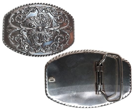 This stylish Antique Silver buckle features an Oval shape with a raised western scroll pattern. It is designed to fit 1 1/2" belts and measures approximately 2.5" x.3", Imported